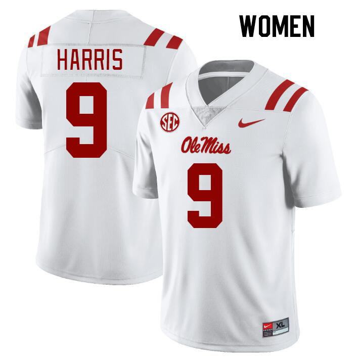 Women #9 Tre Harris Ole Miss Rebels College Football Jerseys Stitched Sale-White - Click Image to Close